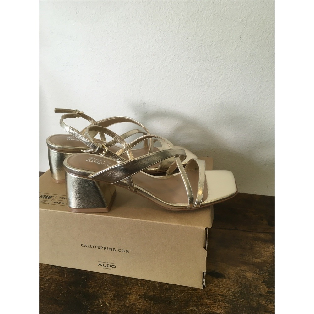 Call It Spring Shaynaa-710 Gold Strappy Block Heels Womens 8.5 NIB